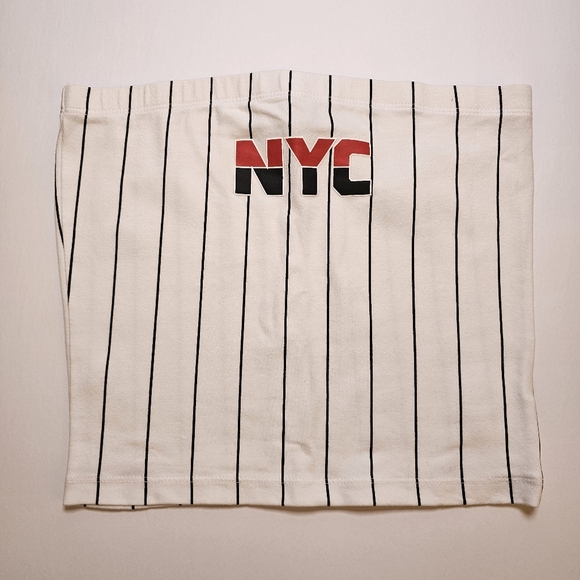 Forever 21 white with blue stripes NYC cotton blend stretch knit tube crop top S - Picture 2 of 4